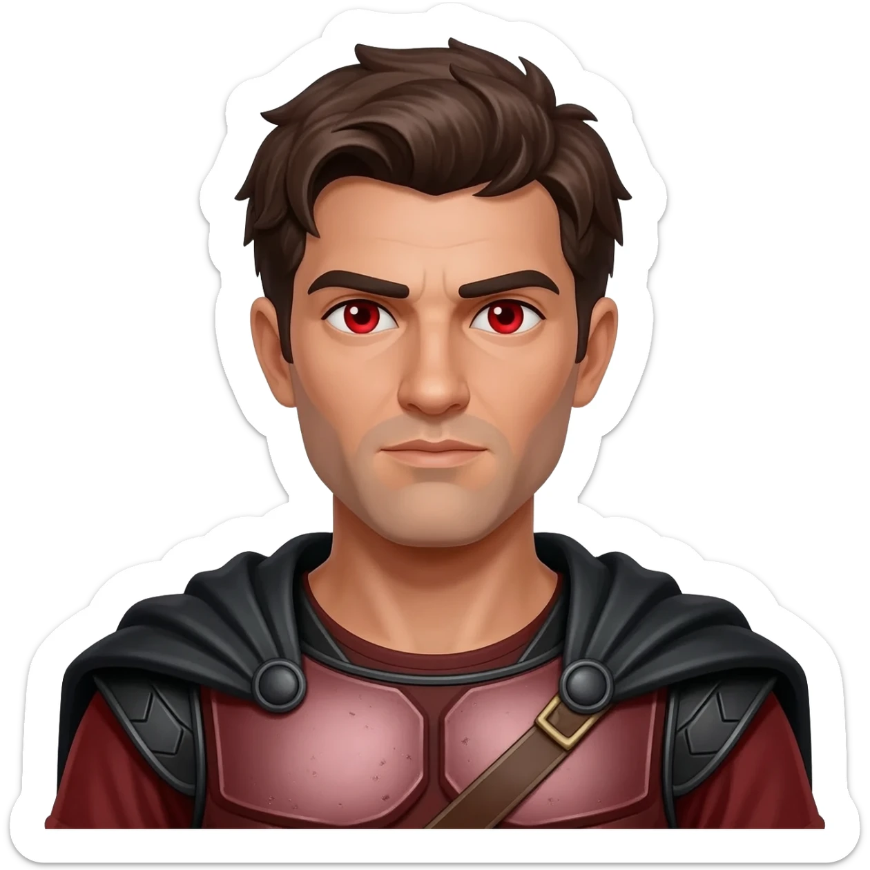 Mars from Roman Mythology with red eyes, dark brown hair , dark red metallic tunic, black metallic cloak sticker