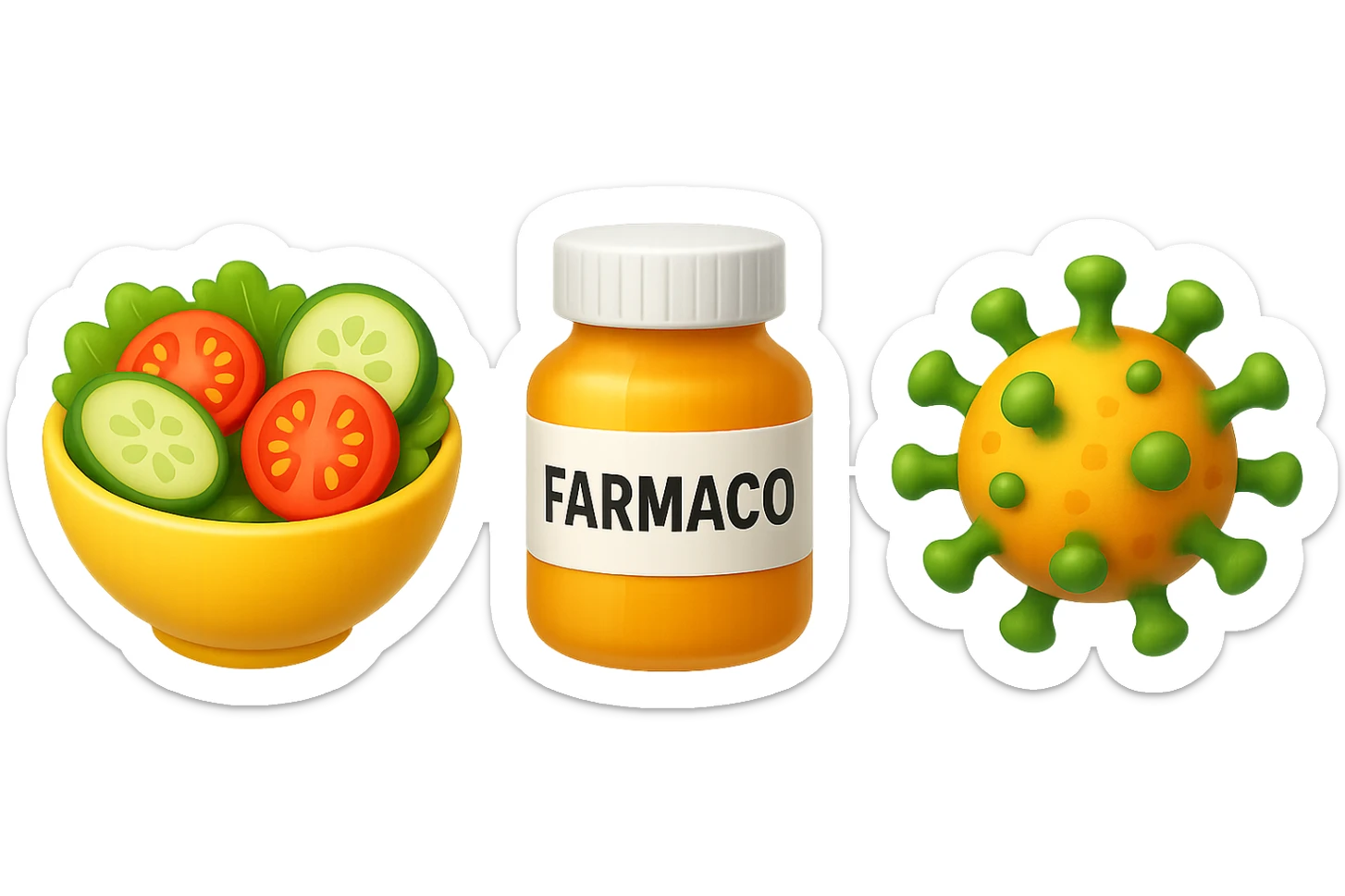 EMOJI STILE IPHONE DI una bowl di insalata, una boccetta di farmaco con la scritta "FARMACO" SULLA BOCCETTA E UN VIRUS, FLUTTUANO IN ARIA, IPERREALISTICO 4K sticker