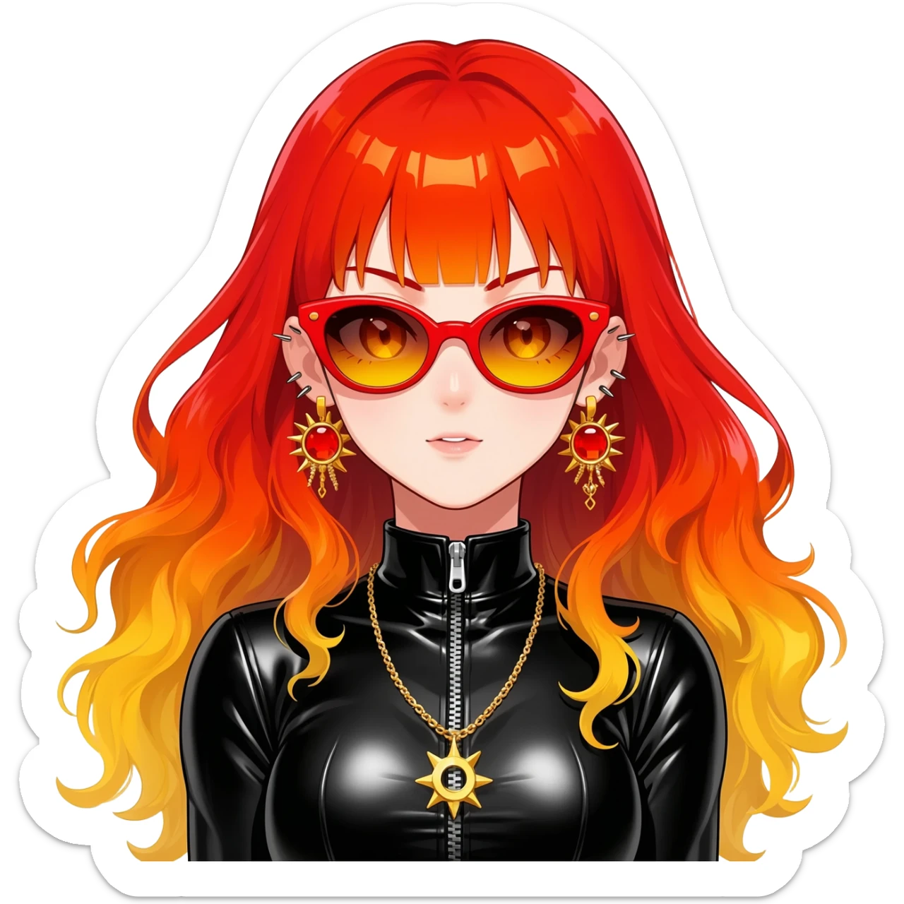 Beautiful gorgeous anime lady with beautiful fiery long warm-red-orange-yellow-gradient-wavy-special-hair, fashion aesthetic, slim red-tinted-sunglasses, accessories, gold jewelries, red-and-yellow sunny-pattern-eyes, black latex-suit, biker-woman, cool, badass, ahoge, gold necklace sticker