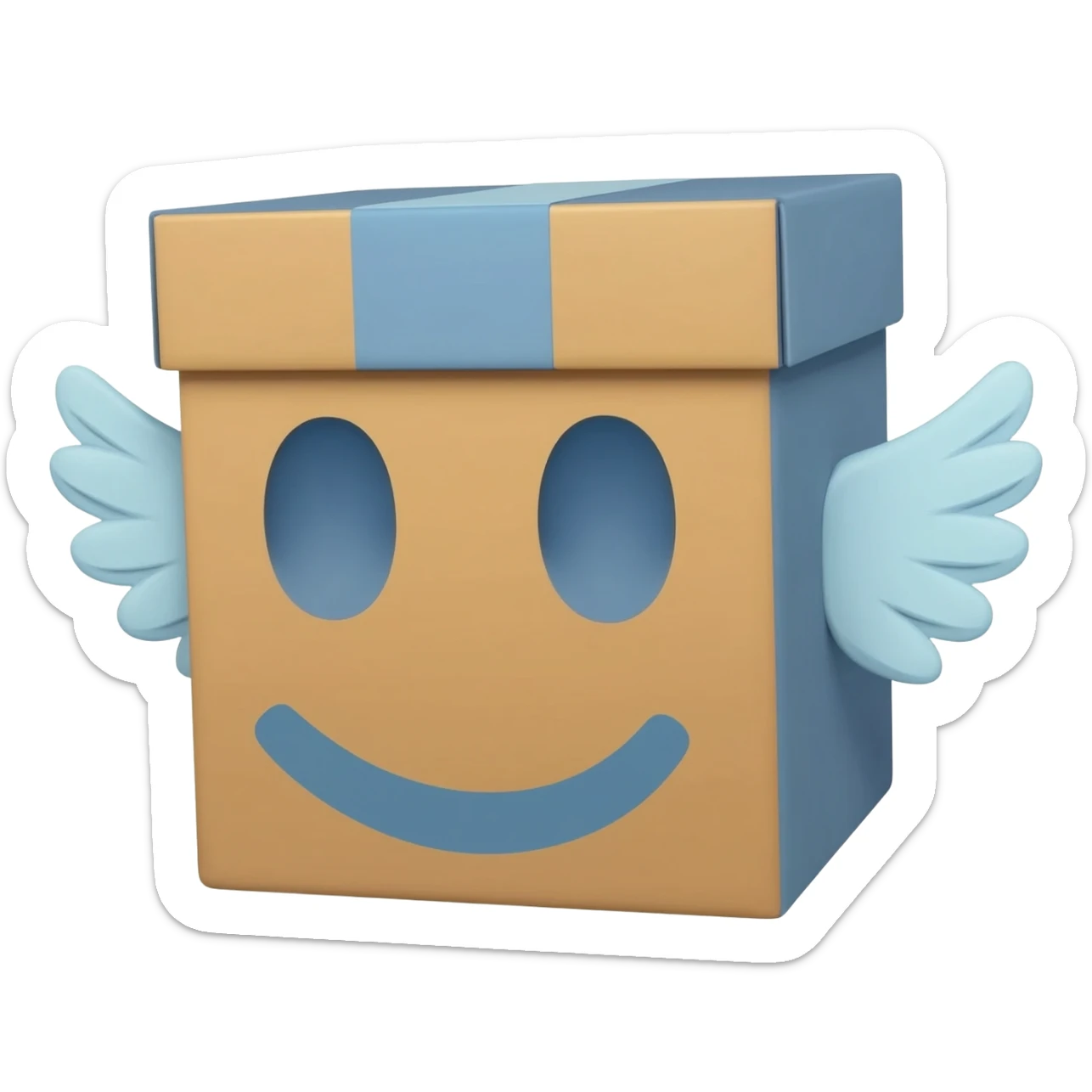 cute smiling delivery package with small eagle wings, logistics mascot emoji, blue and orange colors, simple flat emoji style, white background sticker