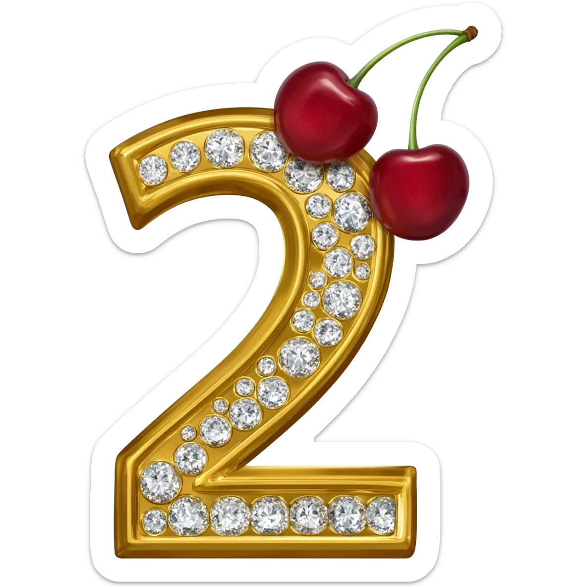 the number "2" in gold and diamond with a double cherry hanging on the number sticker