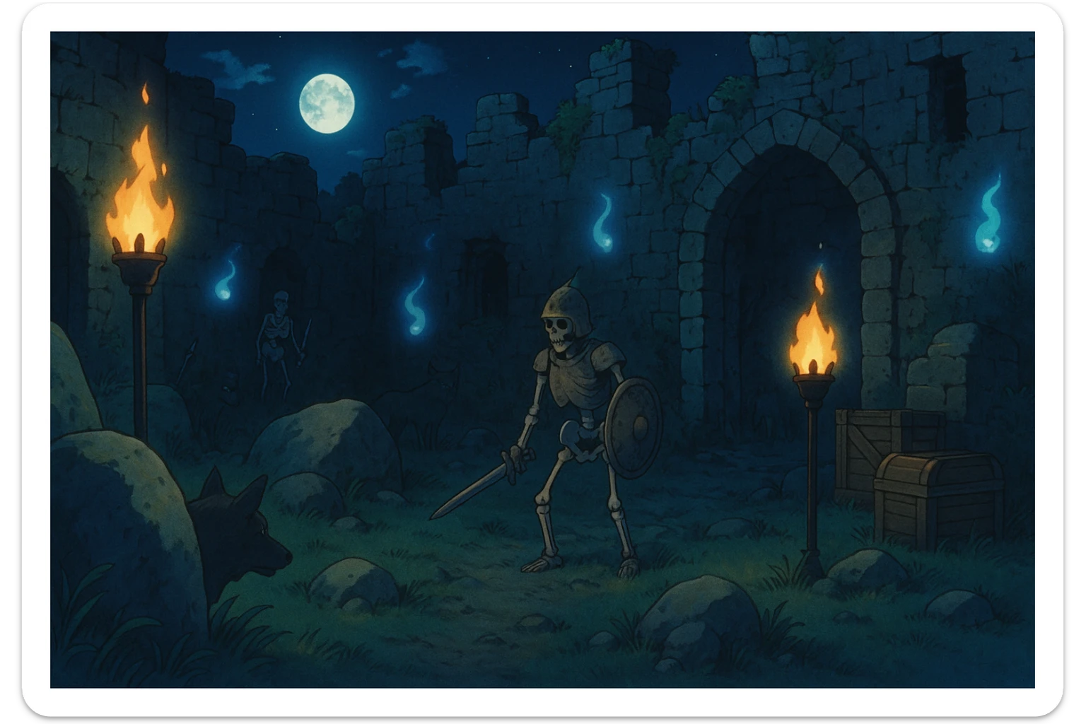 midnight within the ruins of abandoned castle yard, protrude boulders, amid iron torches and crates tucked behind, skeleton warriors, wisps, and wolves linger just in the edge of view behind scenery, very subtly, appearing safe with hidden threat sticker