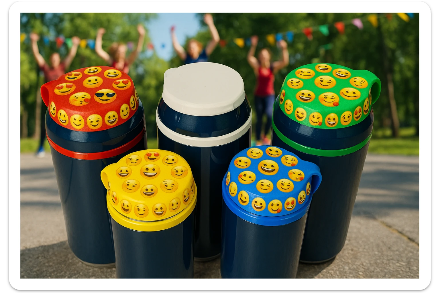 Rakj a kupakokra emoji-kat, smiley-kat, megváltoztathatod a háttereket. valósághű legyen a kép, 1920x1080px méretű legyen. fiatal, dinamikusfotókat készíts! csak a kupak külső részére rakj mintát! sticker