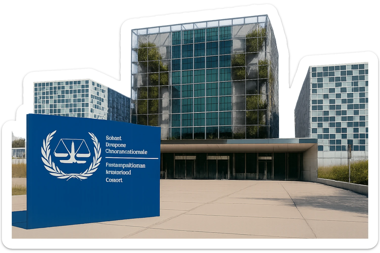 Zoom out slightly for a wider view of the same International Criminal Court (ICC) building in The Hague, keeping the exact same style, colors, lighting, and details. Show more of the building without changing anything else. Transparent background. sticker