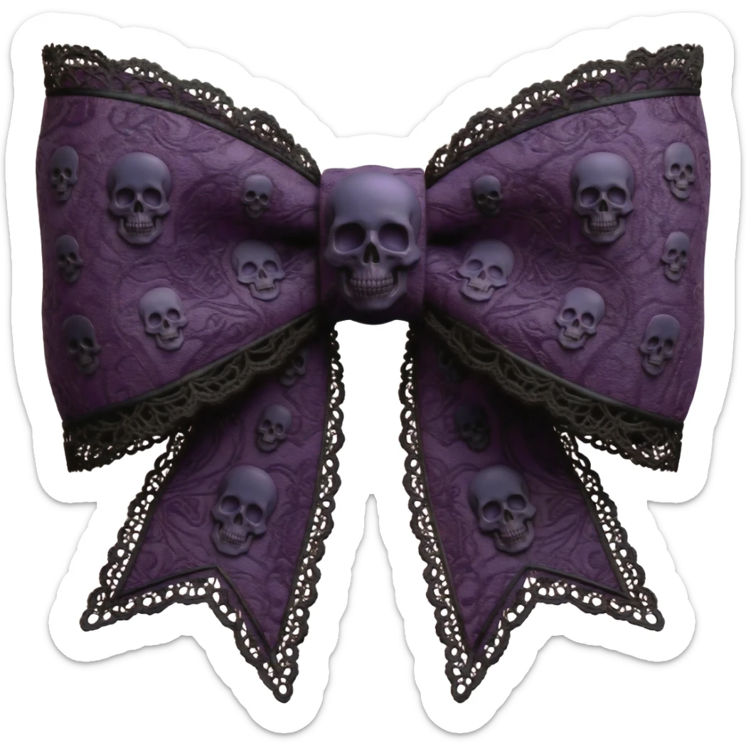 Whimsical Gothic isolated 3d rendering fabric bow, transparent background with lace and skulls. Must be extremely detailed, a whimigoth color scheme and print, appear as though its real fabric, 8k hd, 600 dpi (seed:::754699128) sticker