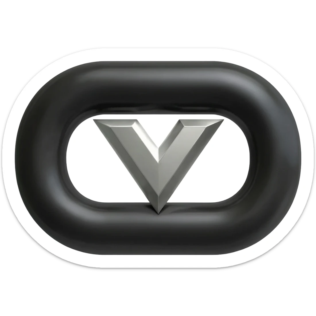 Minimalist 3D emoji based on image_e593fa.png: a single, thick chain link made of matte black steel. Engraved precisely in the center of the link is a sharp, polished chrome geometric 'M'. Isolated on white. sticker