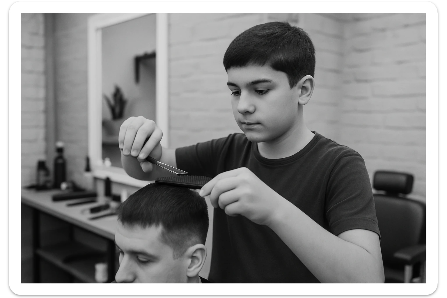 shu odamni sartaroshxonada mijozlarni sochini olayotganin  tasvirlab ber juda yosh ham katta ham bo'lmasin semiz ham bo'lib ketmasin o'smirin davrini sticker