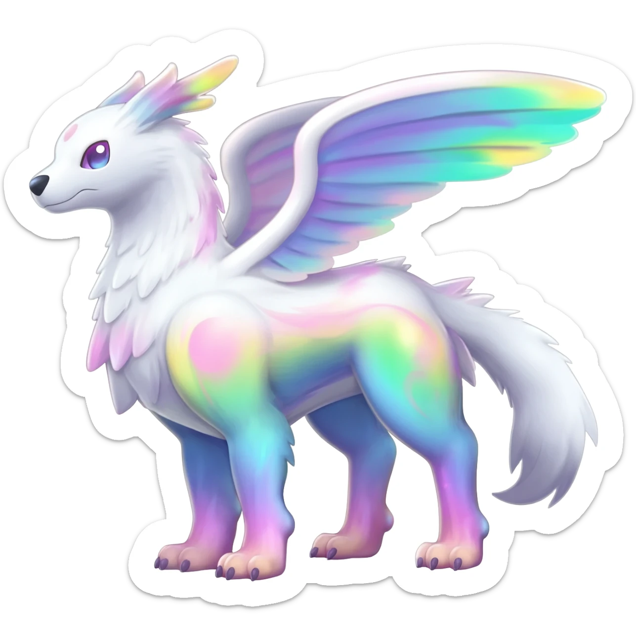 Colorful whitish pastelish luminescent angelic divine shiny sparkly glittery Gryphon-Trico-Sergal-Furret-Ferret-Wolverine-Vernid-fusion-Fakemon-animal-hybrid-creature, full body sticker