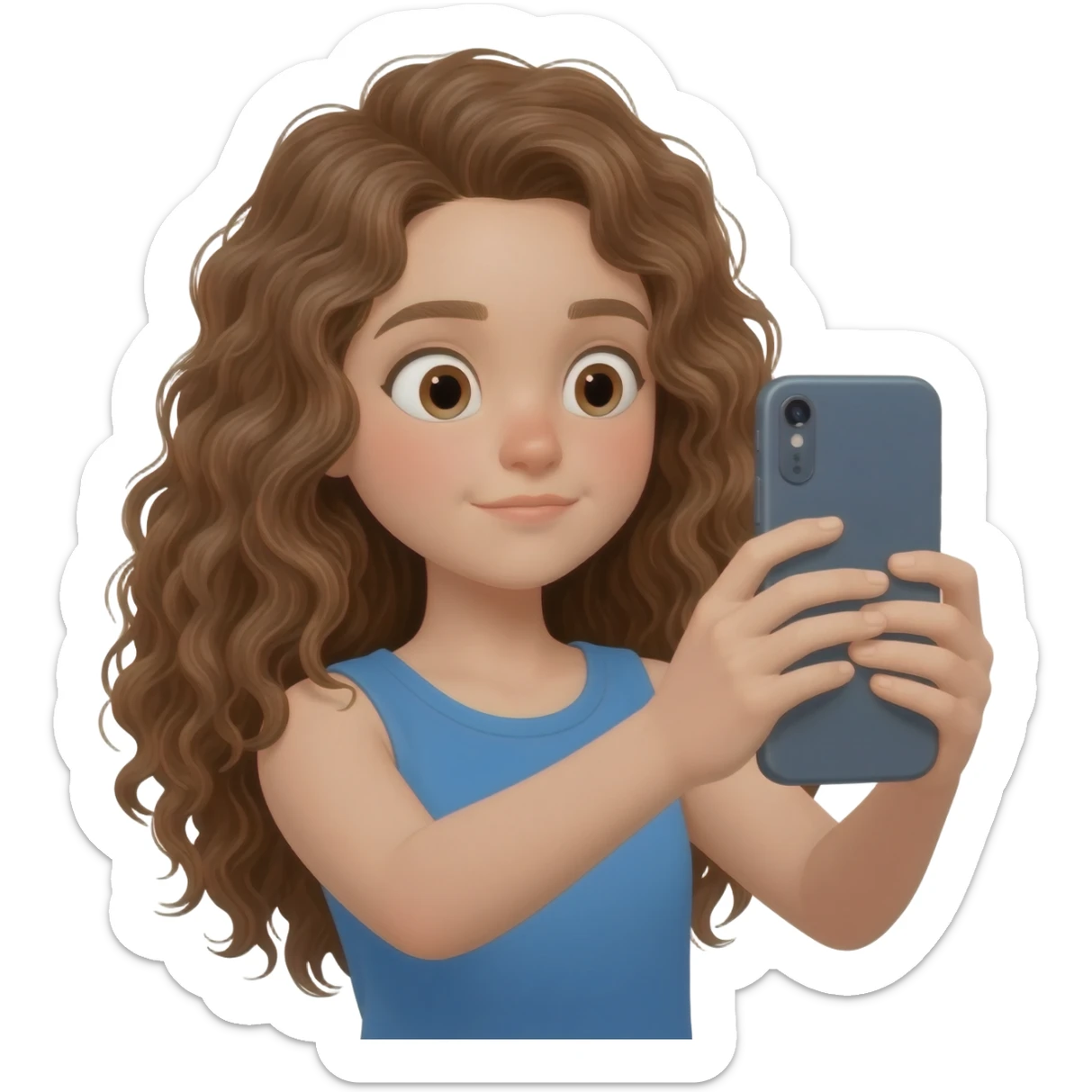 Menina branca,de olhos castanhos claros, com cabelos longos encaracolados gravando vídeo em um iPhone sticker