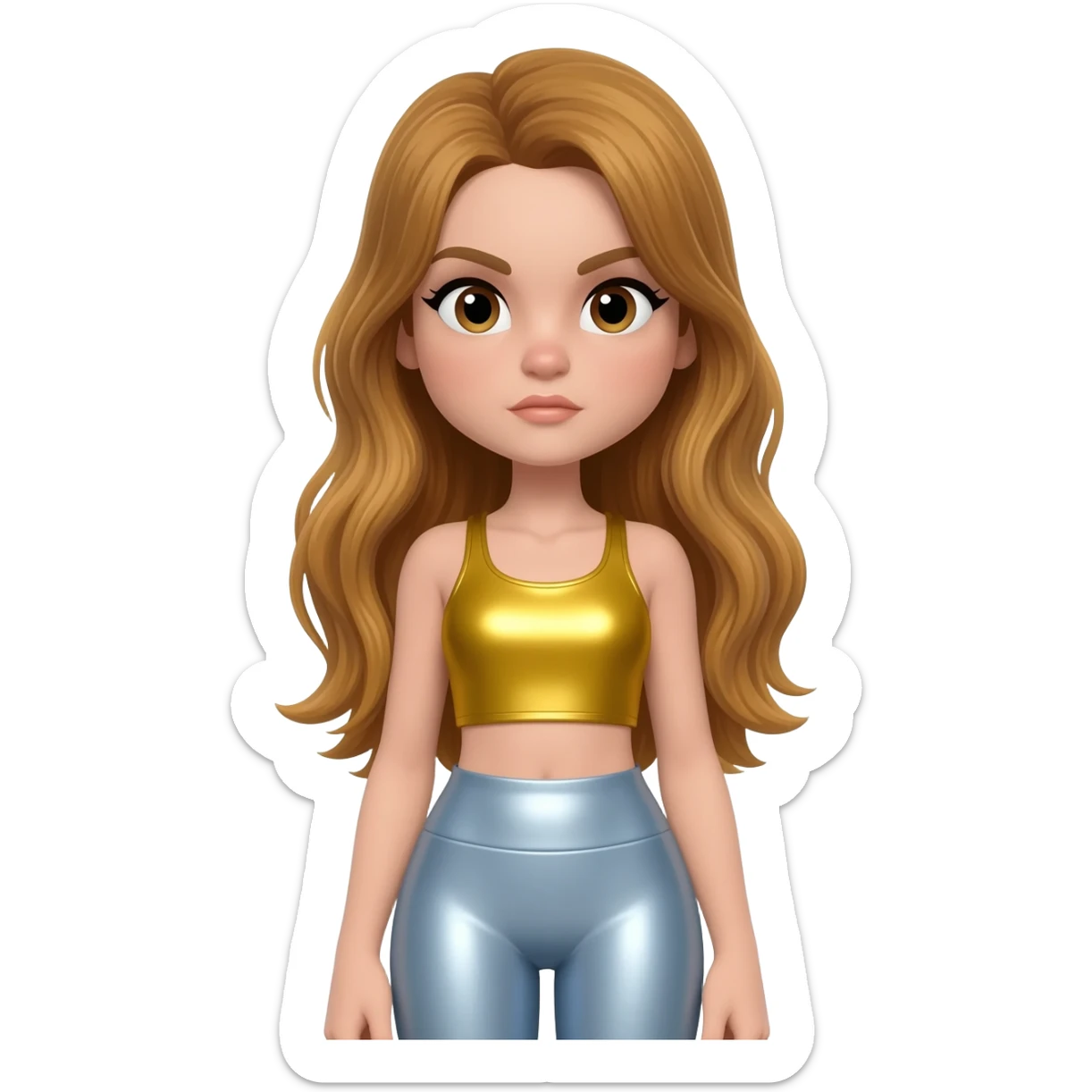 GloomyKassie with long golden brown hair, yellow metallic crop top, light blue metallic leggings sticker