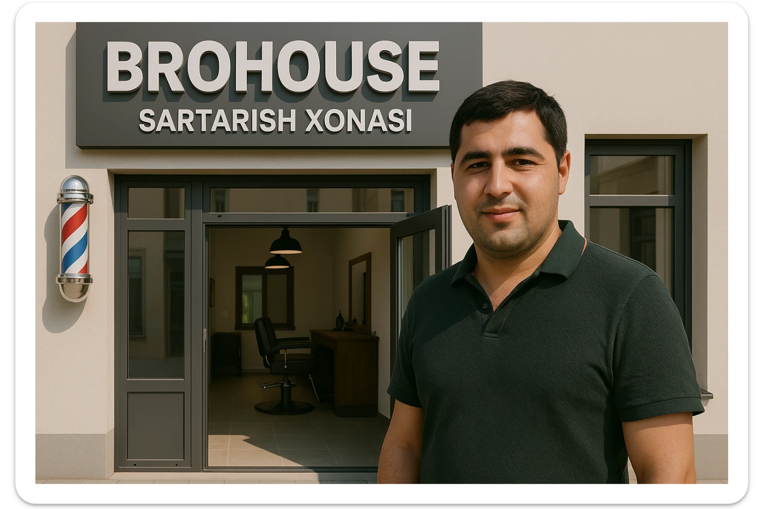 eni shu rasimga manashu odamga uxhshasin sartaosh eshik oldida tursin va tashqarida esa mijoz rasm esa 16 ga 9 bulsin 1920x1080 sticker