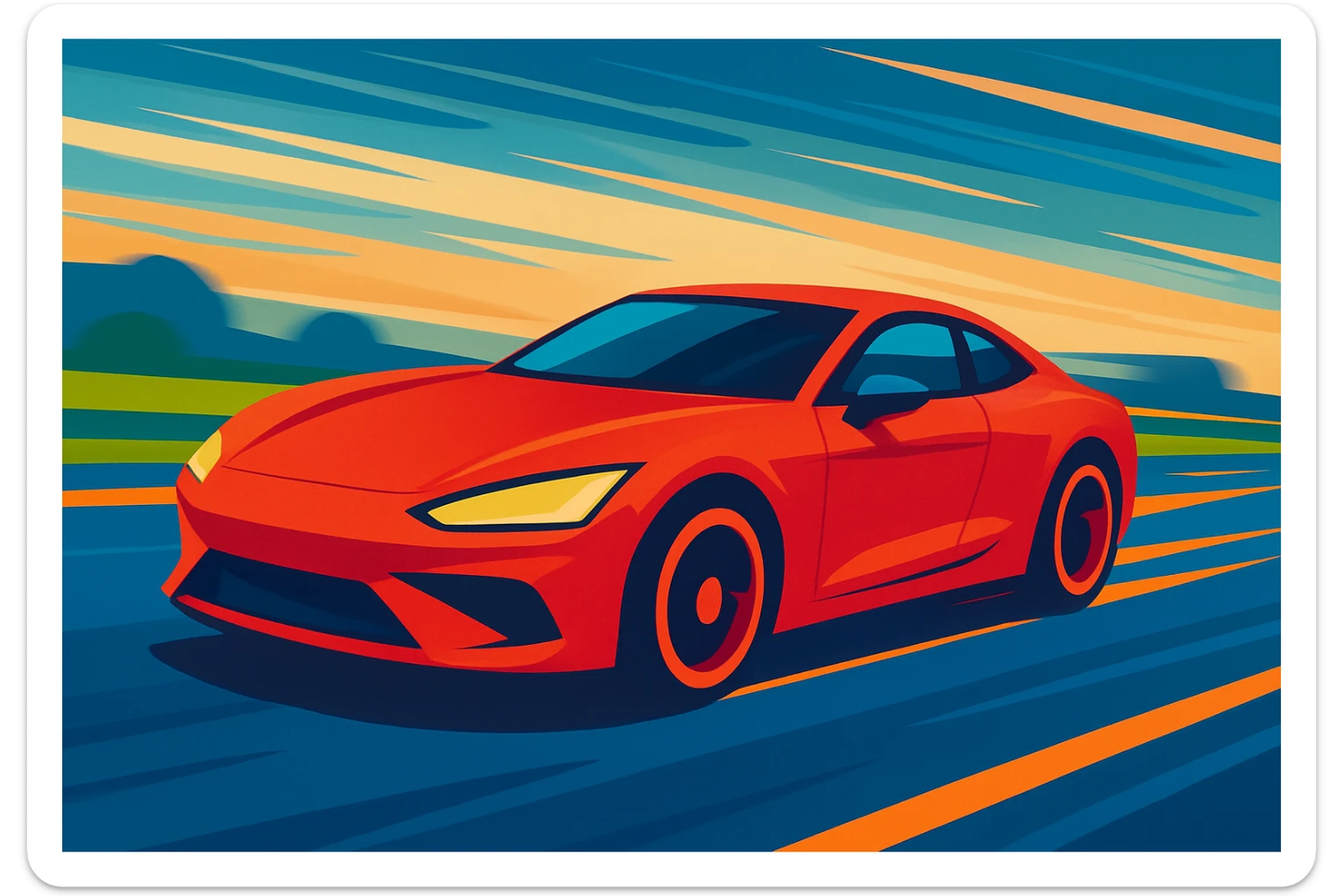a car speeding on the road, sense of speed, dynamic motion, modern style, blurred landscape background, vibrant colors sticker