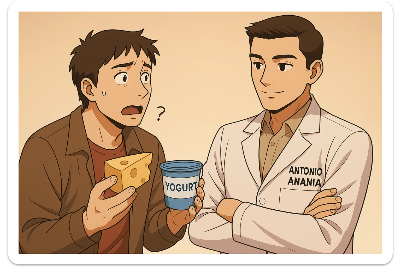 fai un webtoon manga a colori con questo stile, in cui un uomo fa una domanda al kinesiologo con il camice bianco (fagli anche la scritta "ANTONIO ANANIA" SUL CAMICE, l'uomo chiede una cosa mostrando un formaggio e uno yogurt al kinesiologo con il camice, IL KINESIOLOGO annuisce e SPIEGA ALL'UOMO UNA cos. L'UOMO ha un ESPRESSIONE CONFUSA IN VOLTO. non fare i fumetti però, fai solo in modo che sembri stiano parlando sticker