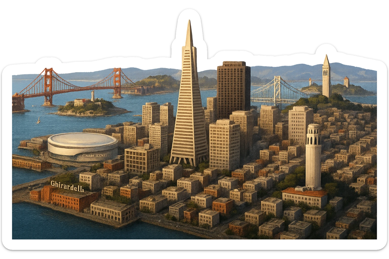 cinematic realistic emoji of San Francisco, wide city view featuring Golden Gate Bridge, Transamerica Pyramid, Chase Center, The Embarcadero, Ghirardelli Square, Alcatraz Island, Bay Bridge, Coit Tower, UC Berkeley belltower and Stanford Hoover Tower in the distance, lifelike detail, accurate colors, bright daytime lighting, no sky, no clouds, no city name label, transparent background sticker