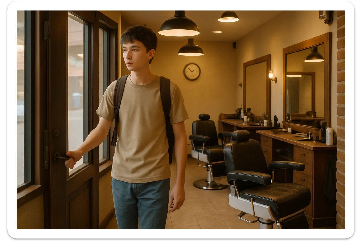 Sartaroshxonaga kirib kelayotgan o'smirin bola sartaroshxona eski ham emas yangi ham emas sticker