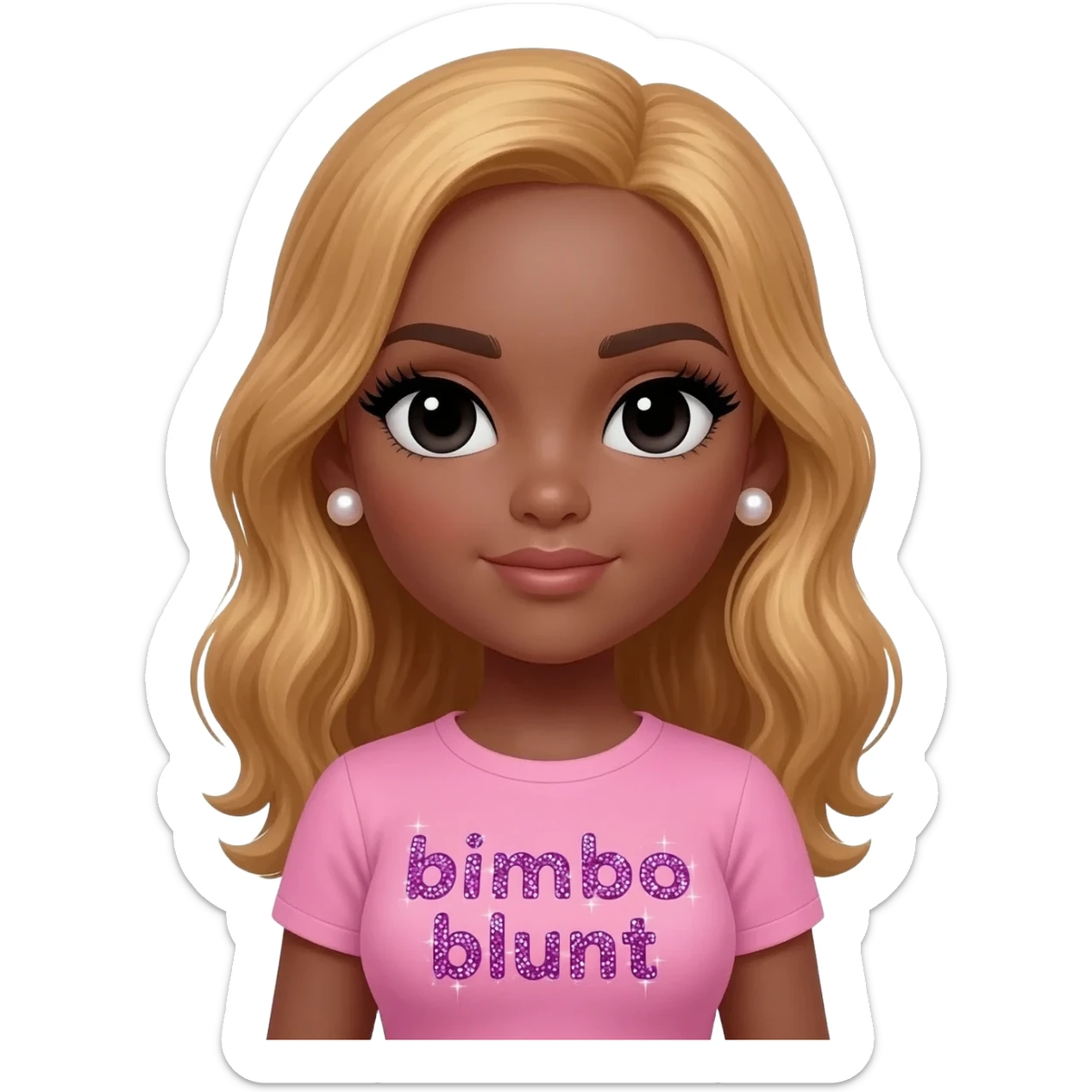 doll body , dark brown eyebrows, dark skin girl, pearl earrings stud, Long giant lashes, bimbo, black doll eyes, barbie, dark brown skin, with honey blonde hair, big breast, pink t shirt says on the sparkling text “bimbo blunt” sticker