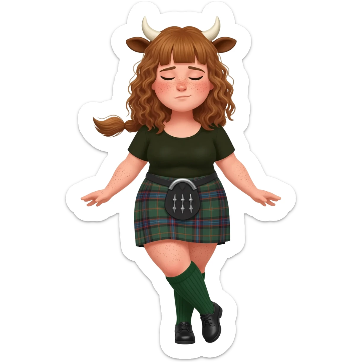 buff curly woman with frecles with light brown messy hair with straight bangs covering her eyes with brown cow tail with strong fat thights with cow horns and cow brown ears with big butt in a short scottish kilt and with knee socks and shoes stands with crossed legs sticker