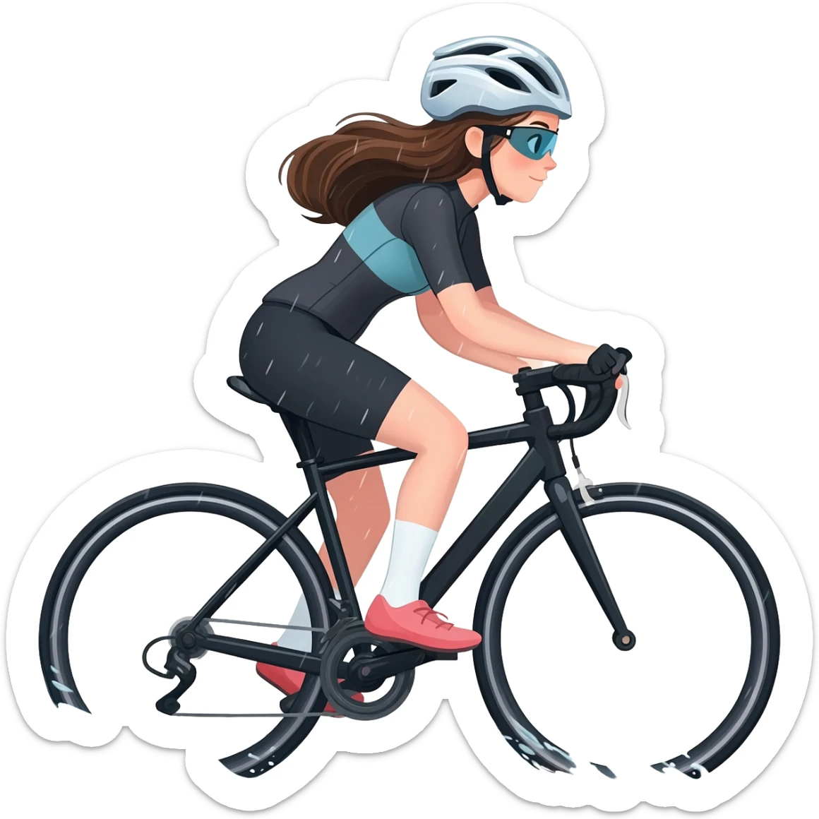Brunette girl cycling and splashing through rain sticker