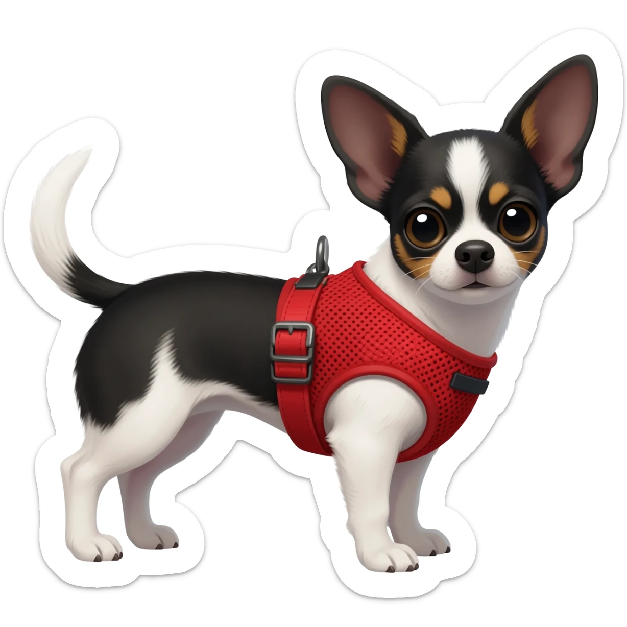 Black and white chihuahua in red harness sticker