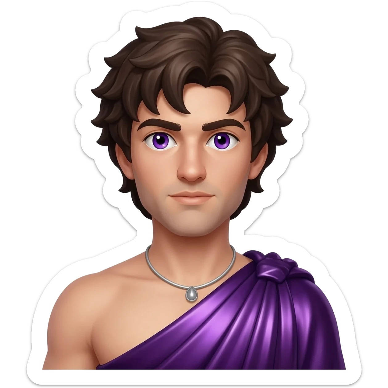 Dionysus from Greek Mythology with purple eyes, dark brown hair, deep purple metallic toga, silver necklace sticker