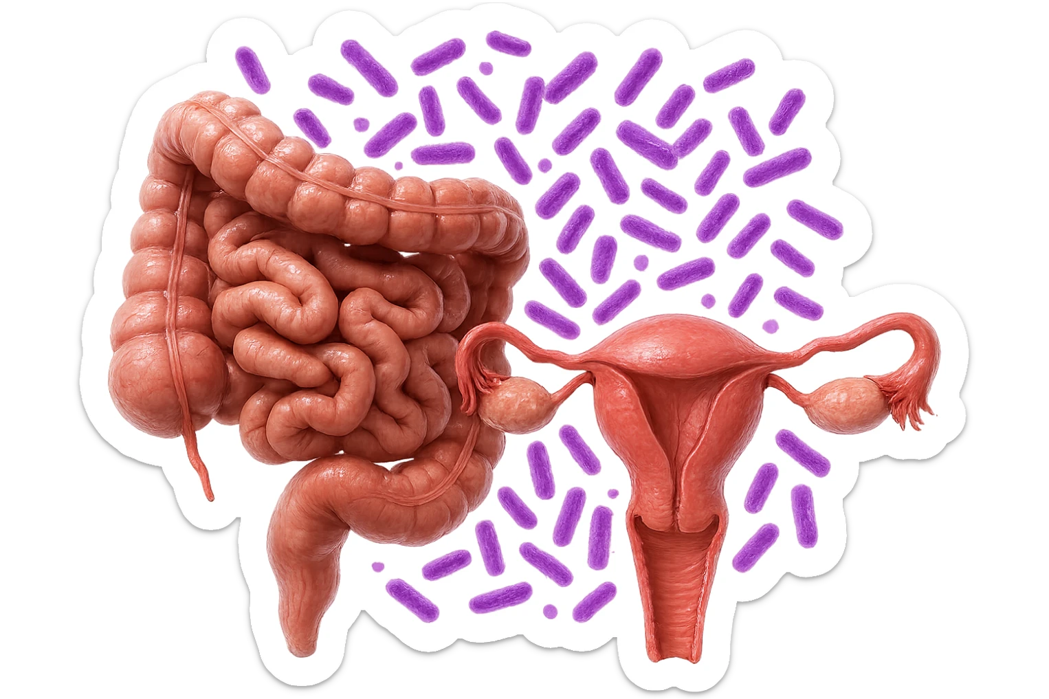 intestino umano anatomico realistico accanto ad un utero umano anatomico realistico, dietro i due organi fluttuano batteri intestinali con questo colore: #971ef1, iperrealistico 4k
isolata su sfondo bianco sticker