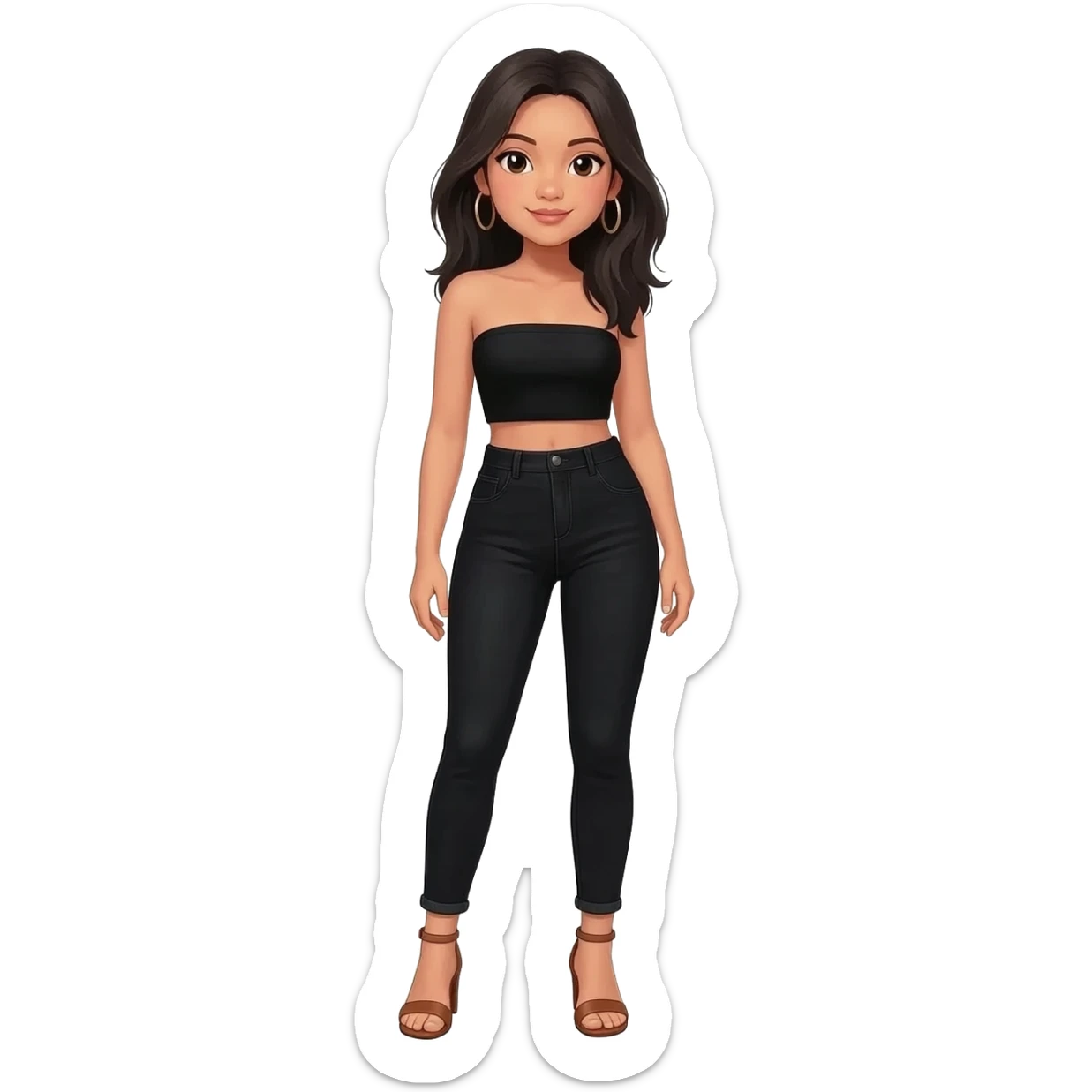 Filipino girl black bra strapless top and high waisted black jeans  with feet stand straight body wear  high heels sandals brown stand straight sticker
