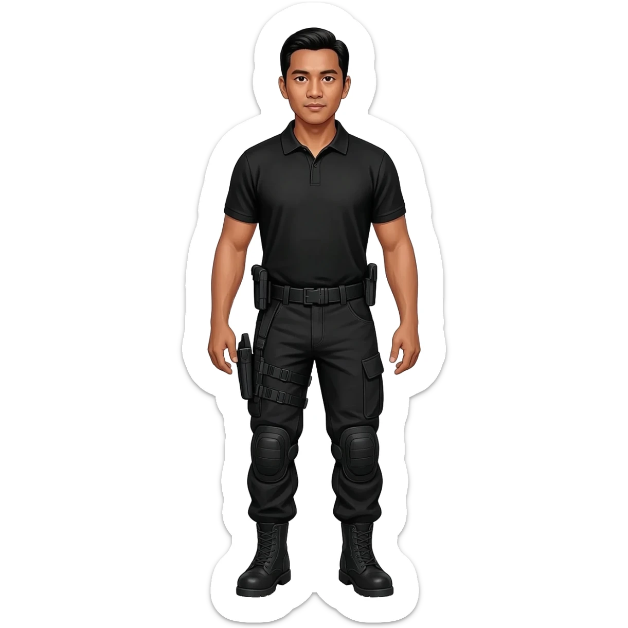 Filipino man black polo shirt and black fatigue combat pants with holster belt and black combat boots sticker