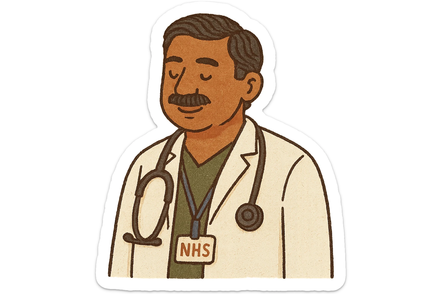 A caring middle aged indian male doctor with a stethoscope with a lanyard badge which reads 'NHS' He is standing sticker