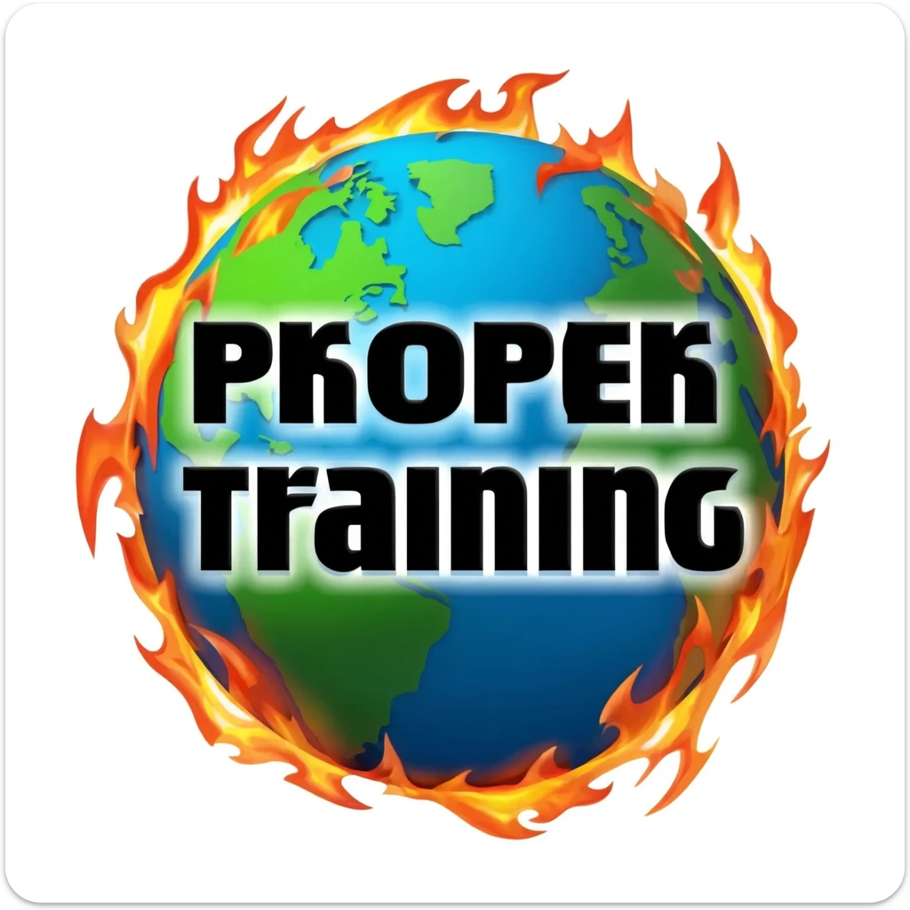 a blue burning planet with "Proper Training" written in black letters on it, just the planet, no background sticker