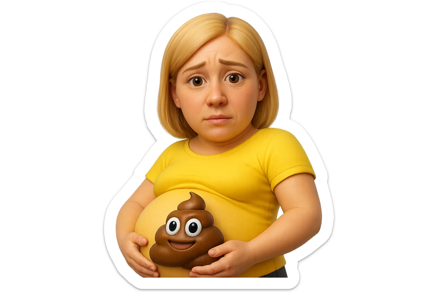 emoji stile iphone di una donna con pancia gonfia piena di cacche con gli occhi, iperrealistico 4k sticker