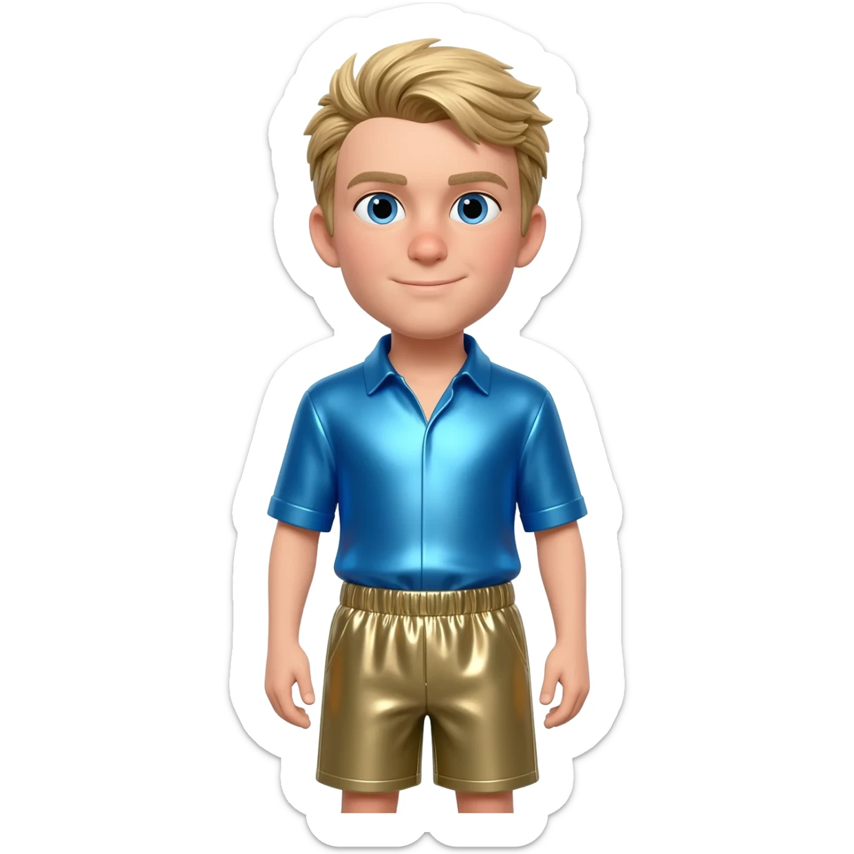 Martin Kratt with blue eyes, sandy blonde hair, periwinkle blue metallic shirt, khaki metallic baggy shorts sticker