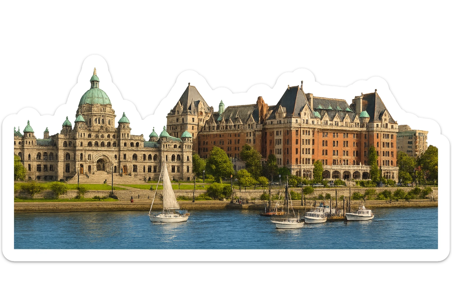 cinematic, realistic emoji of Victoria, BC skyline featuring iconic landmarks such as the British Columbia Parliament Buildings, the Fairmont Empress Hotel, and the Inner Harbour, lifelike detail, accurate colors, bright lighting, wide city view sticker