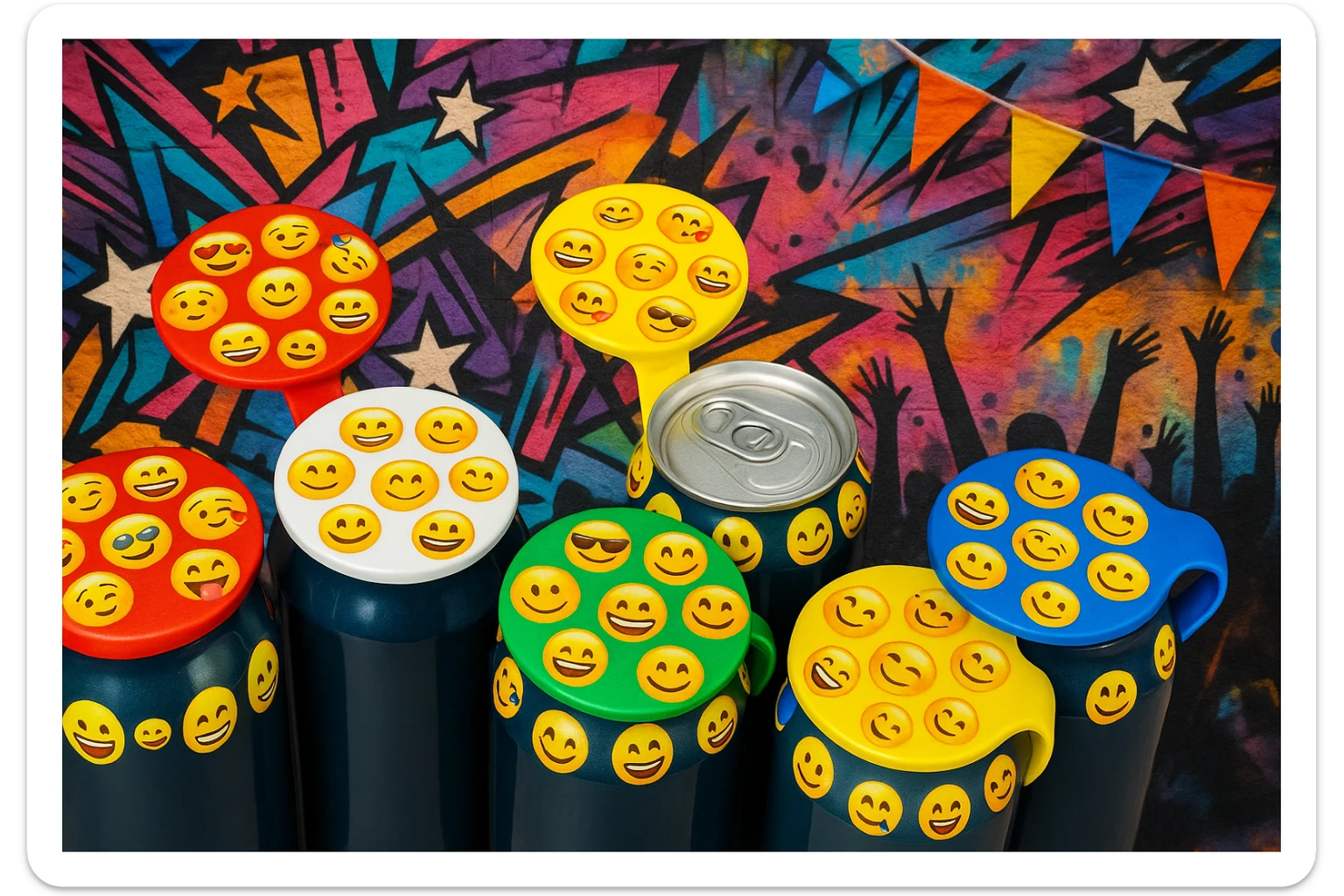 Rakj a kupakokra emoji-kat, smiley-kat, megváltoztathatod a háttereket. valósághű legyen a kép, 1920x1080px méretű legyen. fiatal, dinamikusfotókat készíts! csak a kupak külső részére rakj mintát! sticker