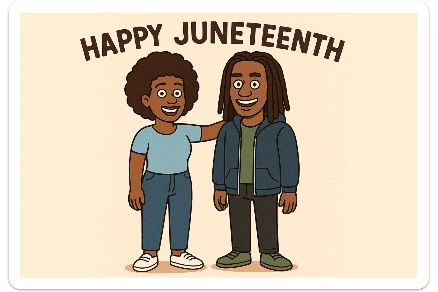 A woman Kinky hair light blue shirt blue jeans white shoes boy Dreadlocks dark brown hair green shuts navy blue zip up hoodie black jeans green shoes Bob Marley Vanessa Nakate Mae Jemison Happy JUNETEENTH sticker