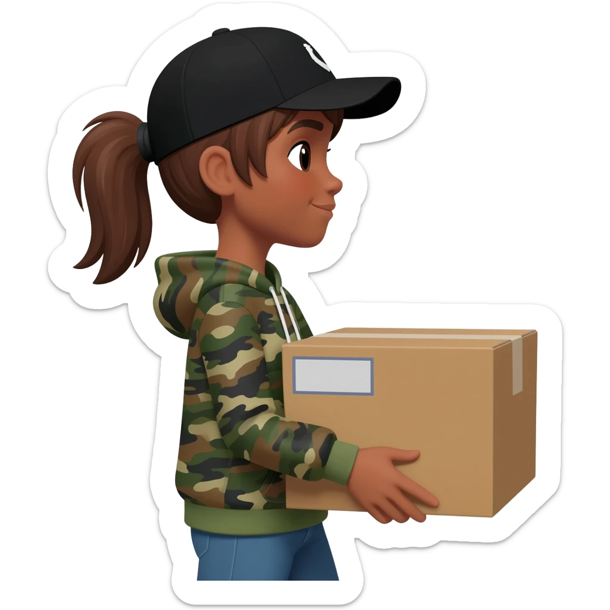 A tan skin girl with short hair tied back in a pony tail wearing a bblack aseball hat and a camo hoodie carrying a box sticker