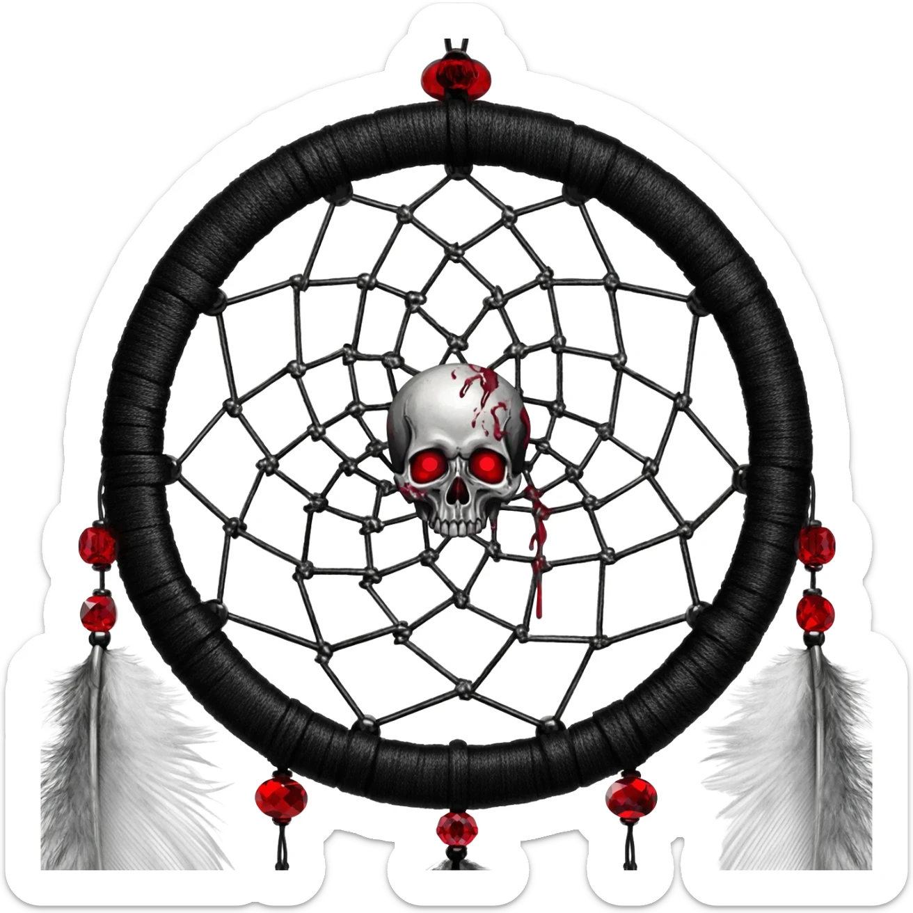 Blood-red, bloody, obsidian-black, edgy, dream catcher, red gemstones, black wires, black threads, skull, white feathers, badass, evil, gorgeous aesthetic, gothic decor sticker