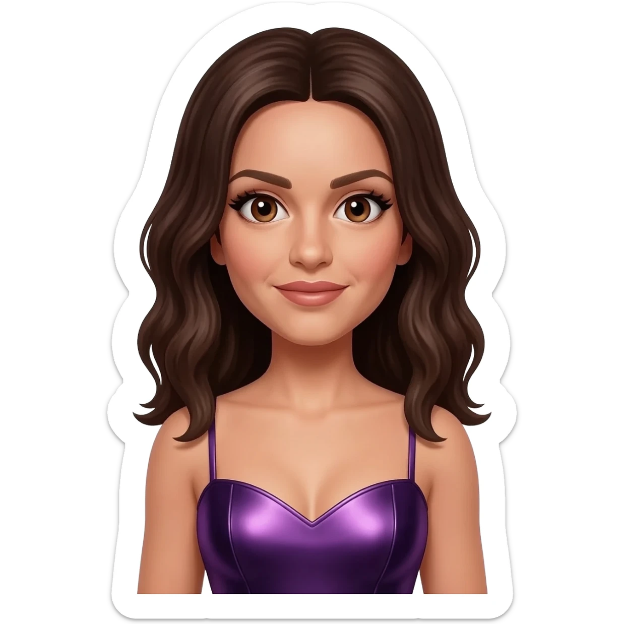 Posh Spice from Spice Girls with brown eyes, dark brown hair, dark purple metallic sweetheart dress sticker