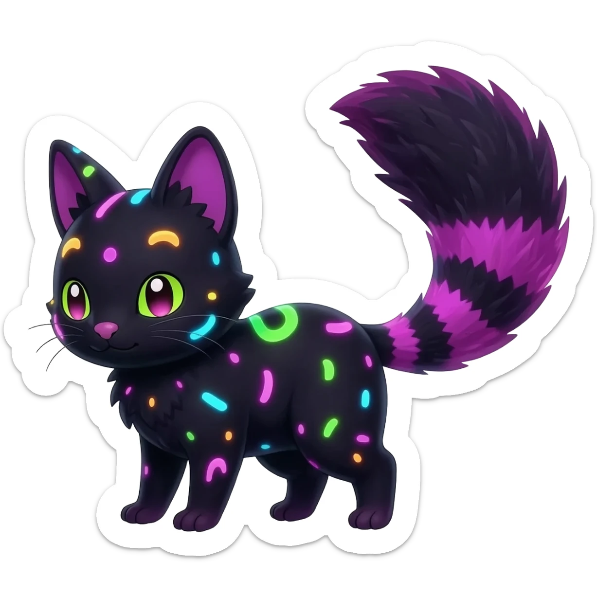  cute adorable pitch-Black-coated fur with glowing bioluminescent random colorful neon-markings divine beautiful elegant pretty precious cute young youthful  Fakémon-Pokémon-alien-opossum-feline-serval-caracal-chinchilla-Minccino-hybrid-creature with a big fluffy bushy striped tail (full body) sticker