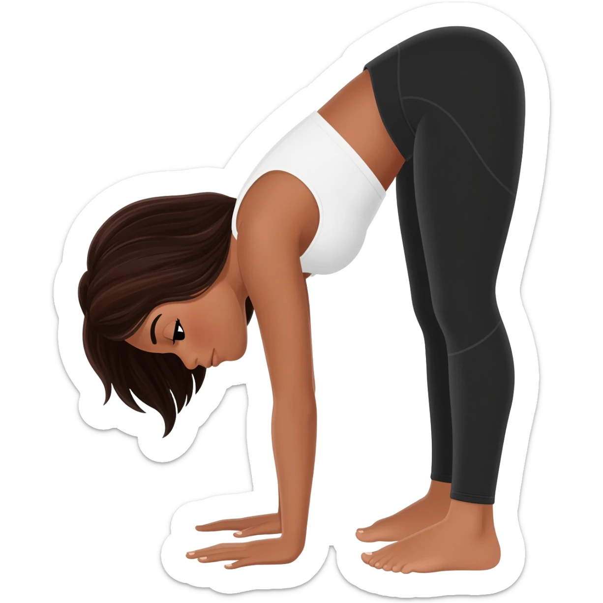 Девушка белокожая с правильными пропорциями тела стоит в позе собака мордой вниз, только человек, с длинными темными волосами, в коротком белом топе, в черных лосинах, с черными ресницами sticker