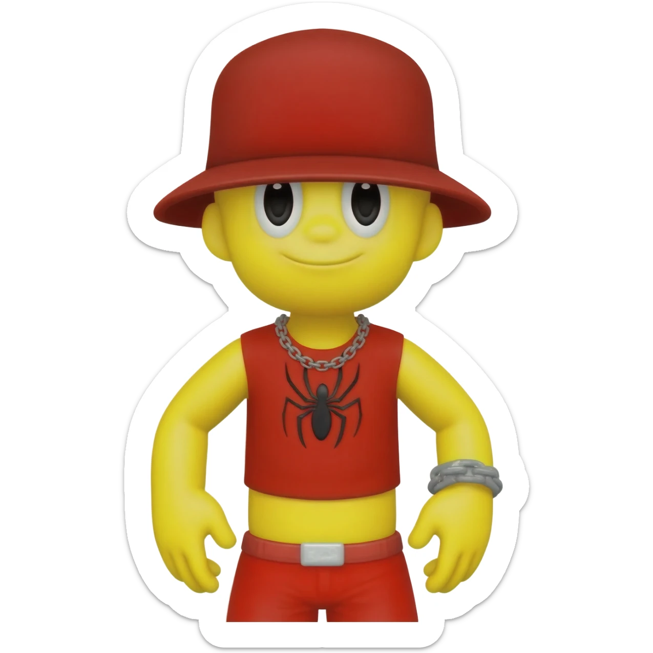 Make a yellow character with a black spider eye and a red top and shorts and a grey spider chain and a red hat sticker