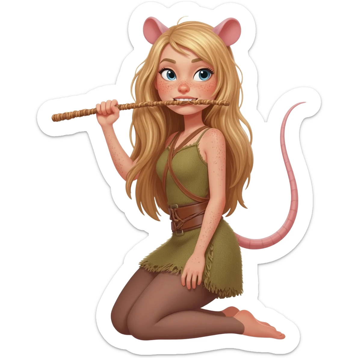 pretty woman with rat tail and rat ears have blond long hair and freckles. she is on her knees and hands and holding the wicker in her teeth sticker