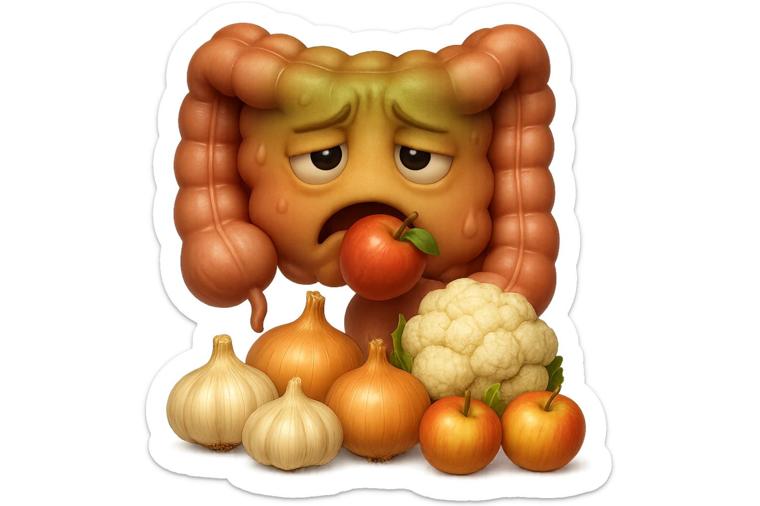 EMOJI STILE IPHONE DI UN INTESTINO UMANO IN CRISI PERCHé STA MALE, IN BOCCA HA UNA MELA E DAVANTI A LUI C'è UNA MONTAGNA DI aglio, cipolle, cavolfiore e mele, IPERREALISTICO 4K sticker