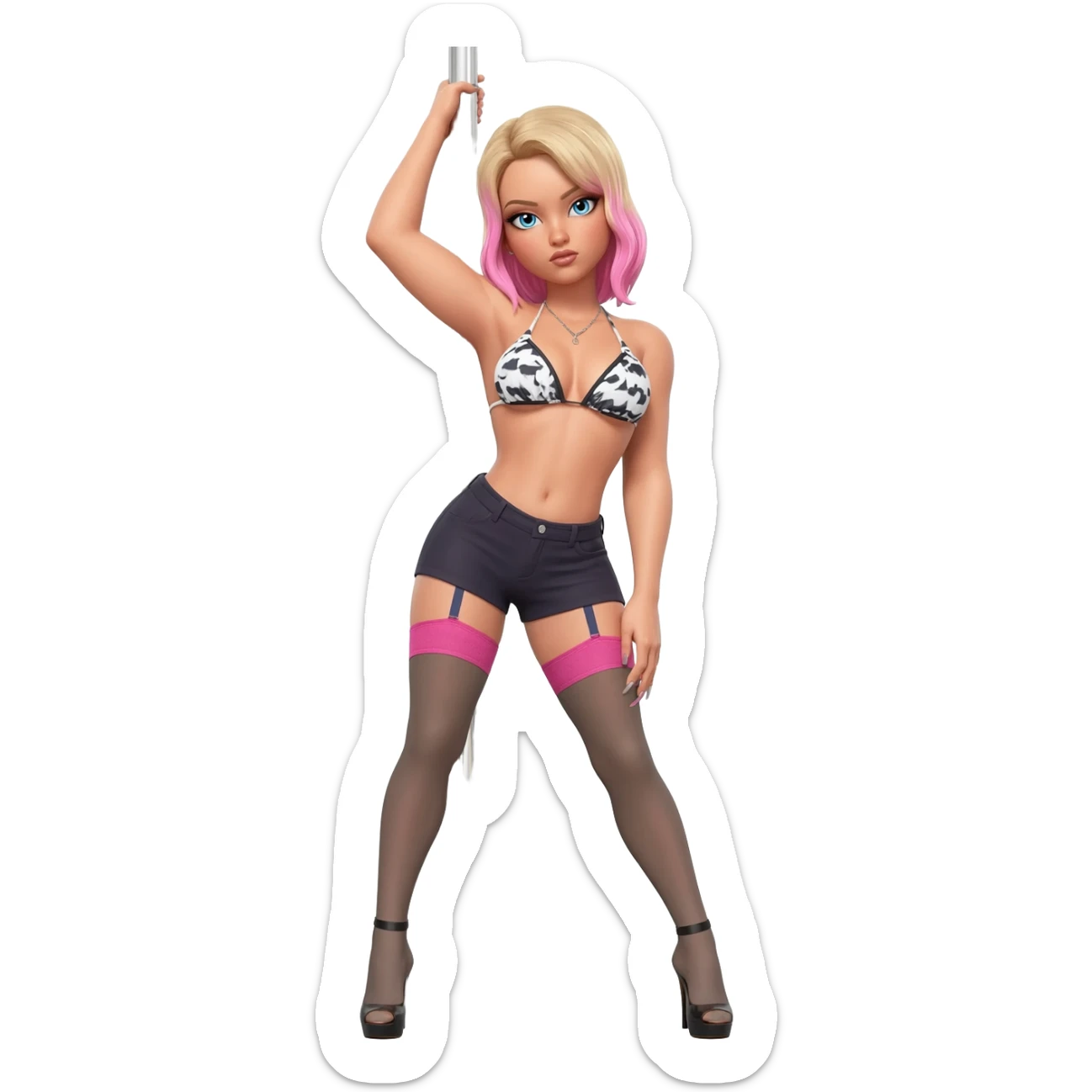 full body image of a pole dancer/stripper posing front on. she is white, pale, blue eyes. has dyed blonde hair with baby pink streaks. slim thick and chubby (really big butt), wearing bikini top, booty shorts, stockings, pleaser heels (typical stripper heels), and long acrylic nails sticker