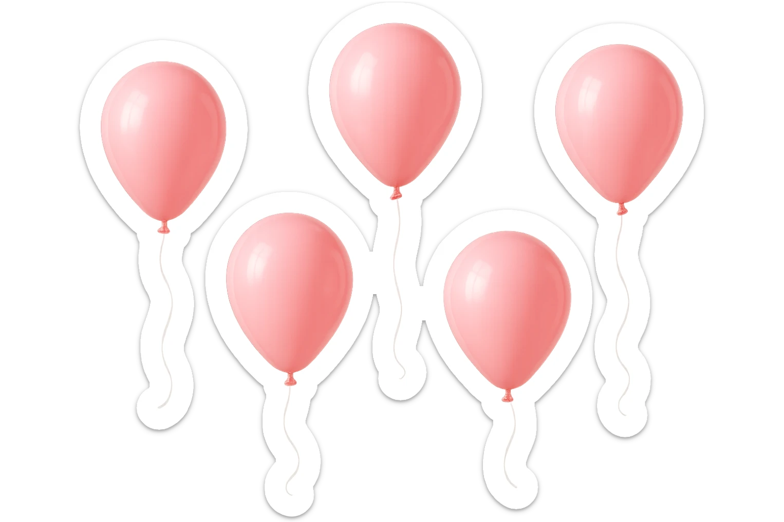 5 palloncini rosa fluttuano in aria isolati su sfondo bianco, iperrealistico 4k sticker