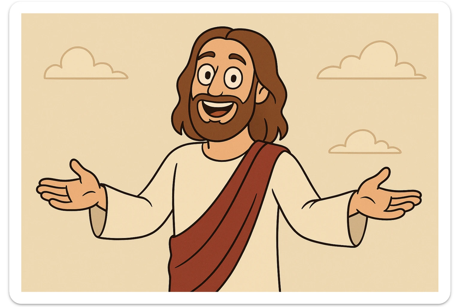 modern cartoon style Jesus, smiling, open arms, simple background sticker