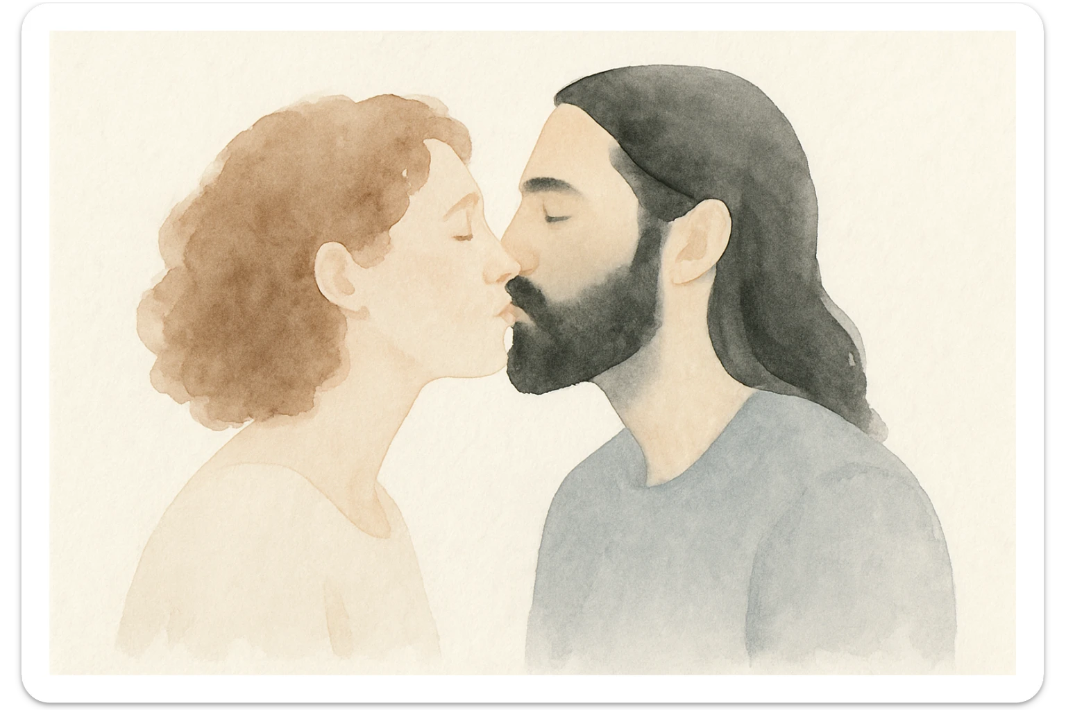 watercolor style of a mixed couple, white woman with curly brown hair and white man with long hair and black beard kissing, soft atmosphere sticker