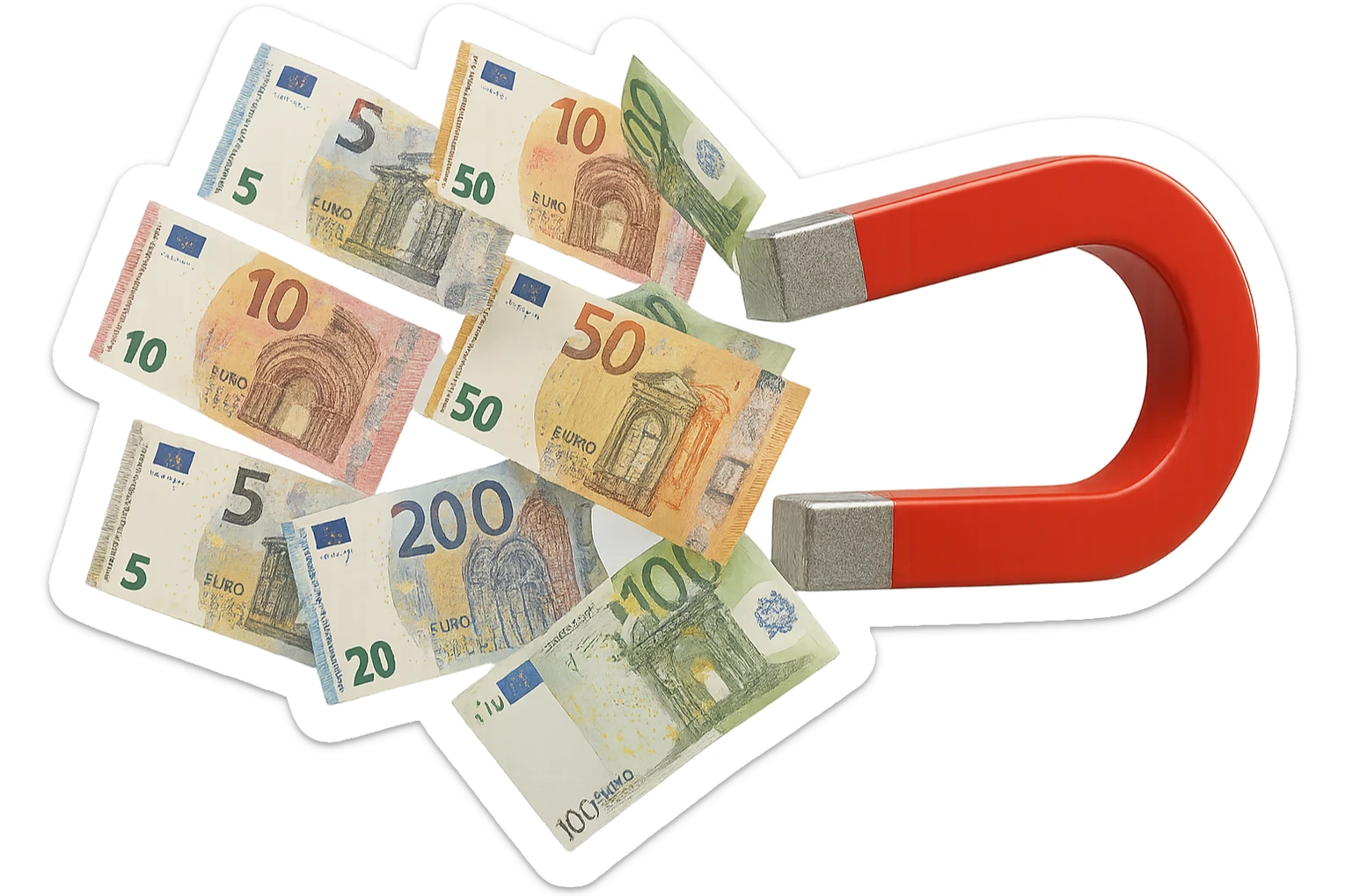 banconote di euro fluttuano vicino ad una calamita rossa, sono attratte, iperrealistico 4k sticker