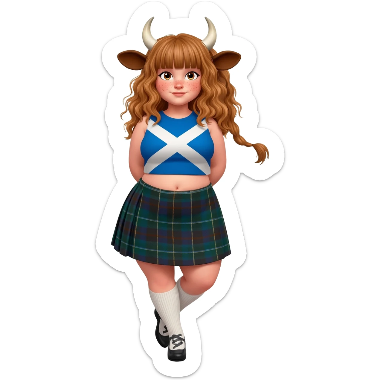 buff curly woman with frecles with light brown messy hair with straight bangs covering her eyes with brown cow tail with fat thights with cow horns and cow brown ears with big butt in a short scottish kilt with extra large breasts dressed in crop top with scottish flag stands with crossed legs sticker