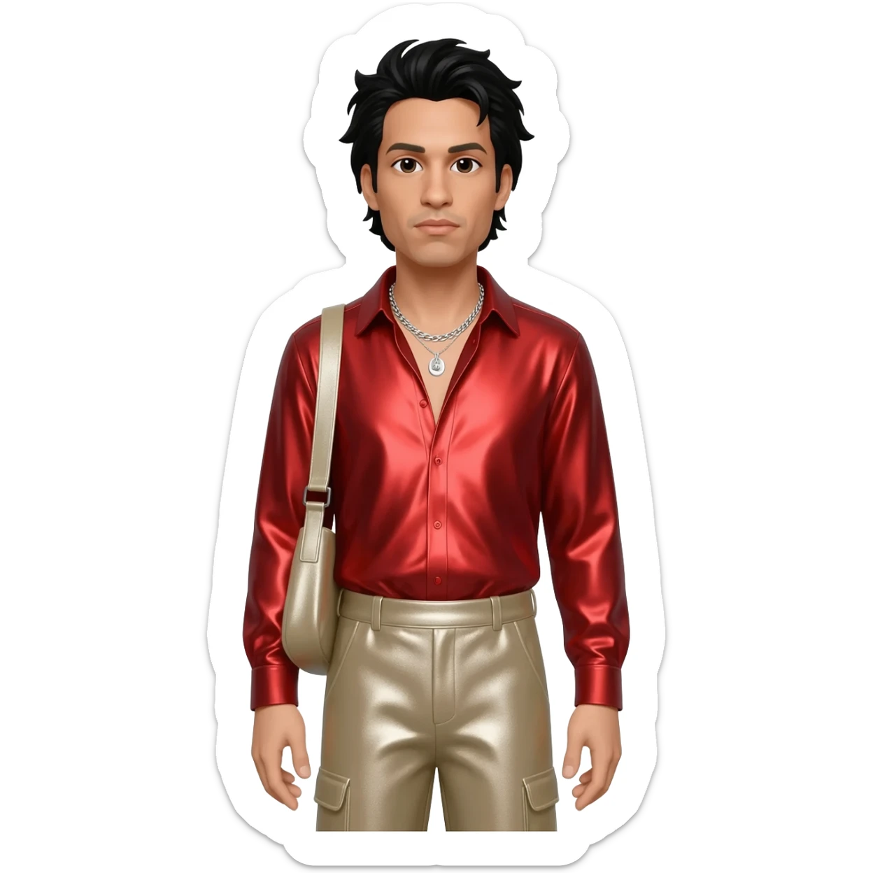 Chino Moreno with black hair, red metallic shirt, beige metallic baggy pants, silver necklace sticker