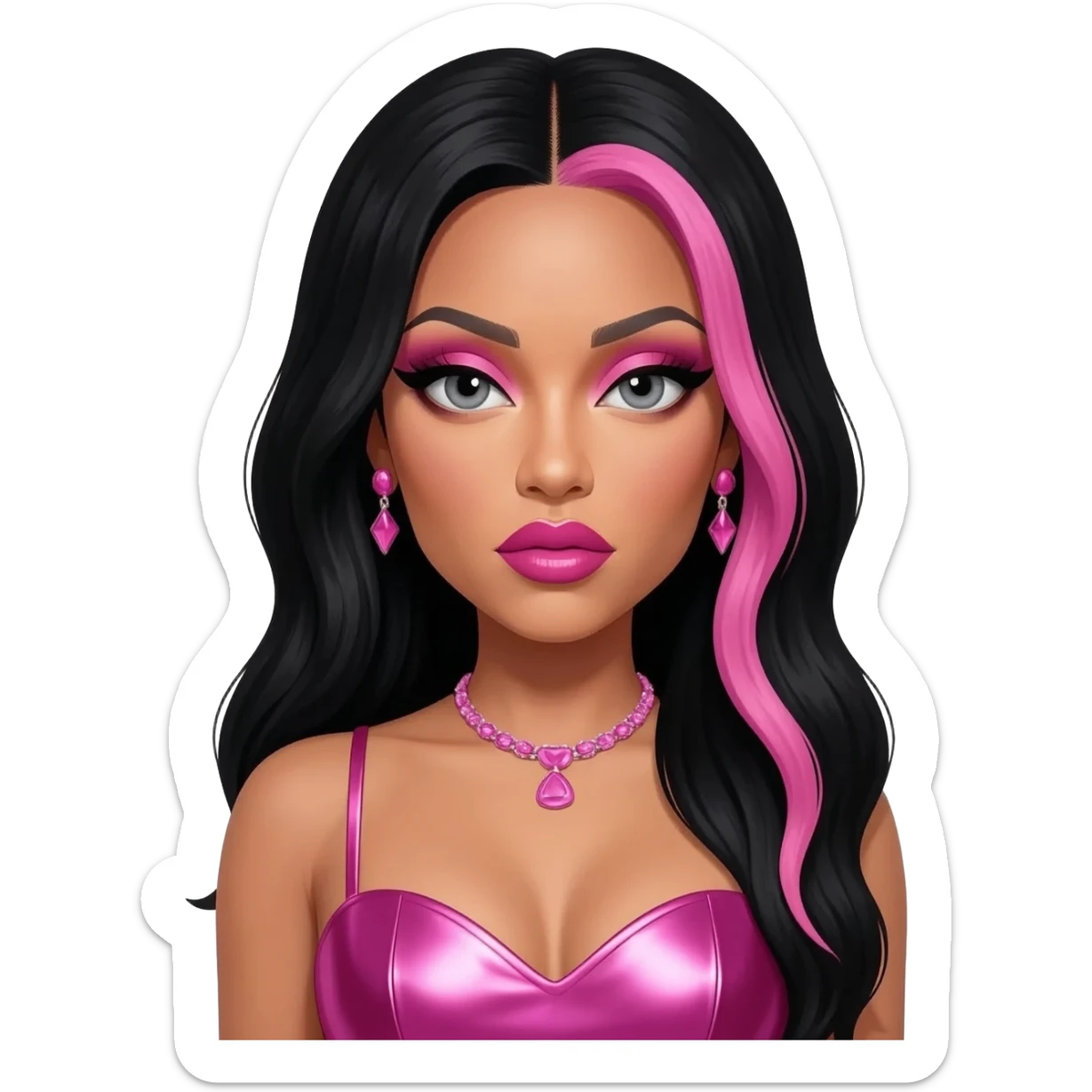 Nicki Minaj with grey eyes, long black hair with pink highlights, pink eyeshadow, hot pink lipstick, hot pink metallic sweetheart dress, pink necklace and earrings sticker